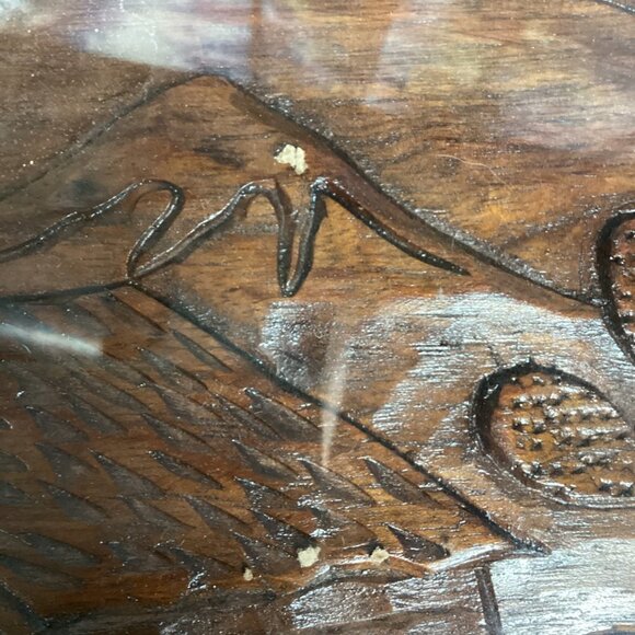 Vintage Mexican Hand Carved Wood Tray with Glass & Handles - Picture 7 of 12